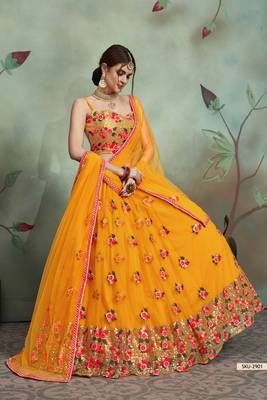 Mustard Thread Embroidery Net Unstitched Lehenga 2