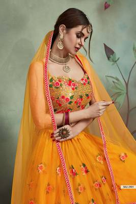 Mustard Thread Embroidery Net Unstitched Lehenga 4