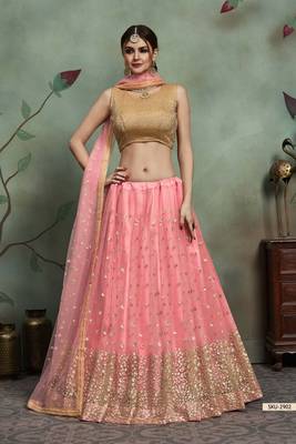 Baby Pink Thread Embroidery Net Unstitched Lehenga 1