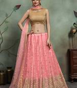 Baby Pink Thread Embroidery Net Unstitched Lehenga