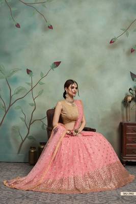 Baby Pink Thread Embroidery Net Unstitched Lehenga 2