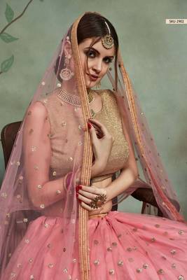 Baby Pink Thread Embroidery Net Unstitched Lehenga 4