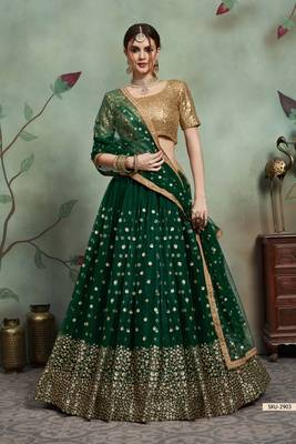 Dark Green Thread Embroidery Net Unstitched Lehenga 1