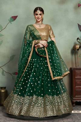 Dark Green Thread Embroidery Net Unstitched Lehenga 2