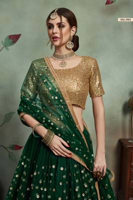 Dark Green Thread Embroidery Net Unstitched Lehenga 3