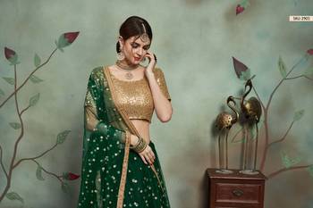 Dark Green Thread Embroidery Net Unstitched Lehenga 4