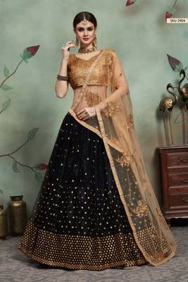 Black Thread Embroidery Net Unstitched Lehenga 1