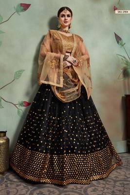 Black Thread Embroidery Net Unstitched Lehenga 2