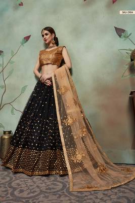 Black Thread Embroidery Net Unstitched Lehenga 3