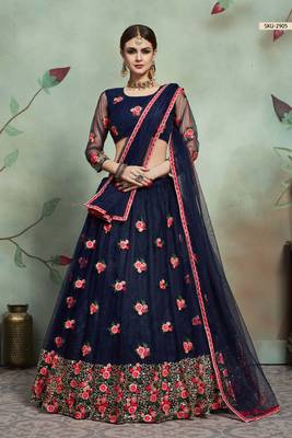 Navy Blue Thread Embroidery Net Unstitched Lehenga 1