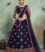 Navy Blue Thread Embroidery Net Unstitched Lehenga