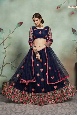 Navy Blue Thread Embroidery Net Unstitched Lehenga 2