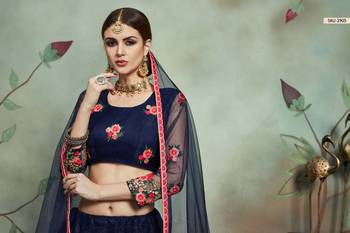 Navy Blue Thread Embroidery Net Unstitched Lehenga 4