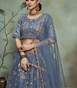 Grey Thread Embroidery Net Unstitched Lehenga