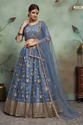 Grey Thread Embroidery Net Unstitched Lehenga 2