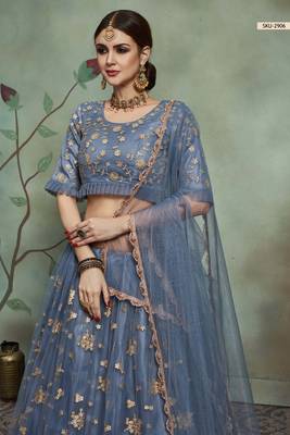 Grey Thread Embroidery Net Unstitched Lehenga 3