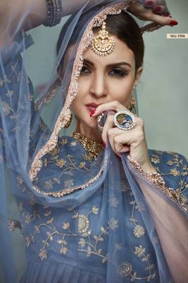 Grey Thread Embroidery Net Unstitched Lehenga 4