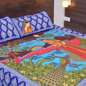 Multicolor  Cotton  Traditional King Size Double Bed Sheet With 2 Pillow Covers 2