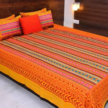 Yellow  Cotton Rajasthani Jaipuri Sanganeri Traditional King Size Double Bed Sheet With 2 Pillow Covers 1