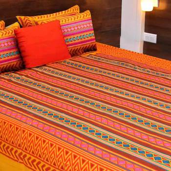Yellow  Cotton Rajasthani Jaipuri Sanganeri Traditional King Size Double Bed Sheet With 2 Pillow Covers 2
