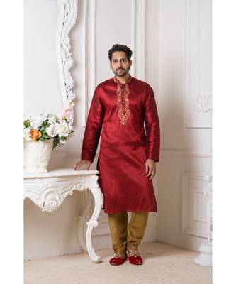 Maroon color Mulbury plain silk Kurta pyjama for men 1
