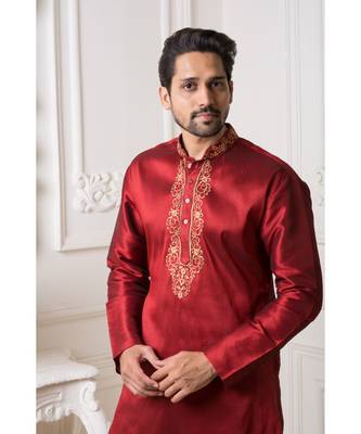 Maroon color Mulbury plain silk Kurta pyjama for men 2