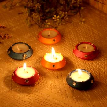Handpainted Wax Filled Terracotta Diyas - Set Of 6 1