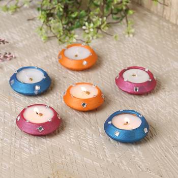 Handpainted Wax Filled Terracotta Diyas - Set Of 6 2