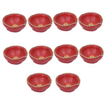 Traditional Painted Terracotta Diyas- Set Of 10 3
