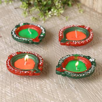 Handcrafted Wax Filled Big Terracotta Diyas - Set Of 4 2