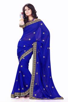 Blue embroidered Faux Georgette saree with blouse