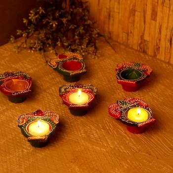 Kalash Design Handpainted Terracotta Diyas - Set Of 6 1