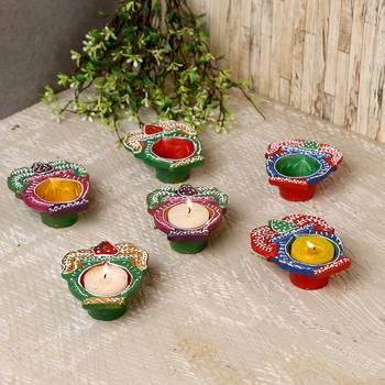 Kalash Design Handpainted Terracotta Diyas - Set Of 6 2