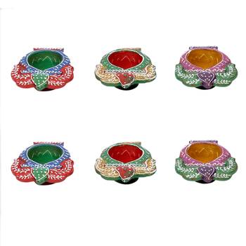 Kalash Design Handpainted Terracotta Diyas - Set Of 6 3