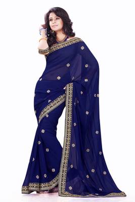 Navy Blue embroidered Faux Georgette saree with blouse 1