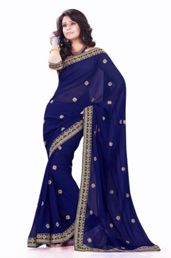Navy Blue embroidered Faux Georgette saree with blouse