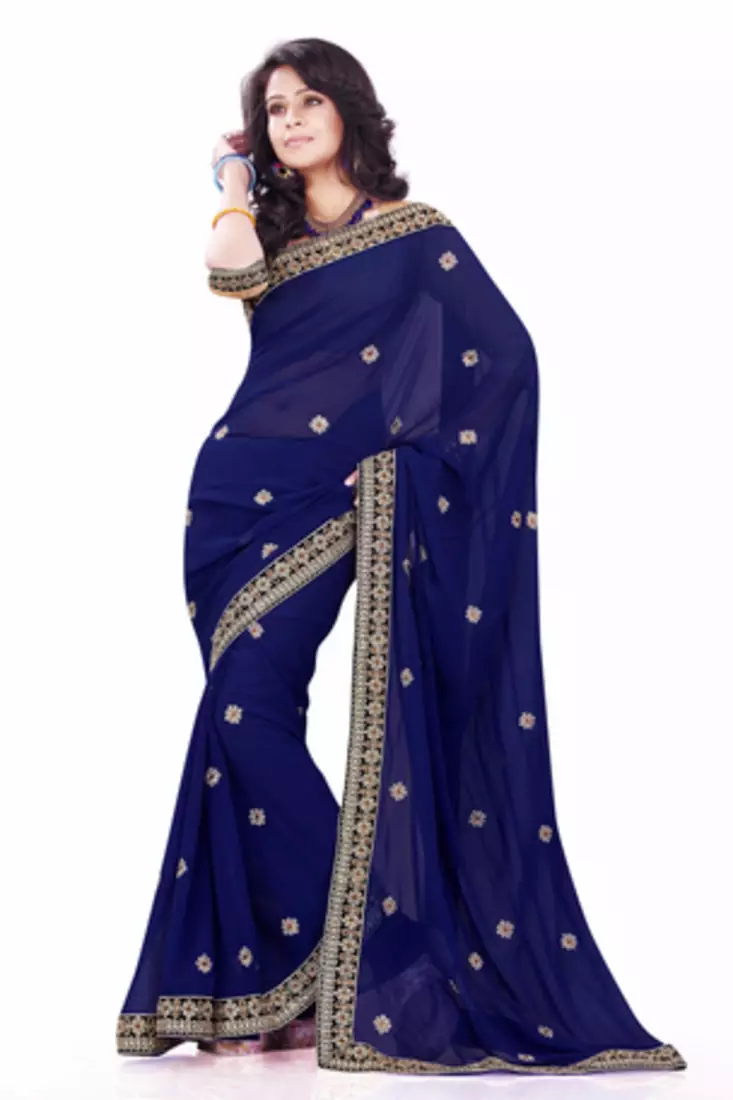 Navy Blue embroidered Faux Georgette saree with blouse