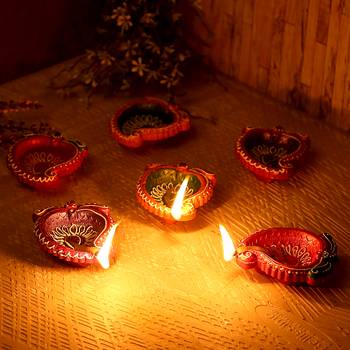 Mango Design Handpainted Terracotta Diyas - Set Of 6 1