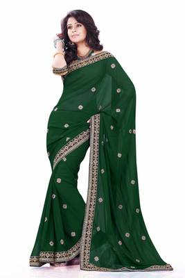 Dark Green embroidered Faux Georgette saree with blouse 1