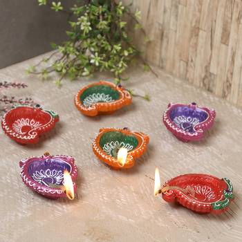 Mango Design Handpainted Terracotta Diyas - Set Of 6 2