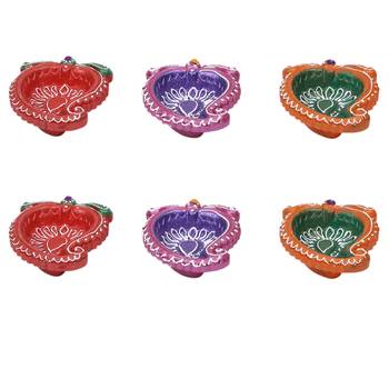 Mango Design Handpainted Terracotta Diyas - Set Of 6 3