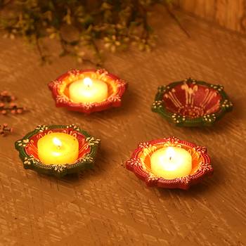Circular Design Handpainted Terracotta Diyas- Set Of 4 1