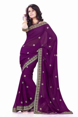 Wine embroidered Faux Georgette saree with blouse 1