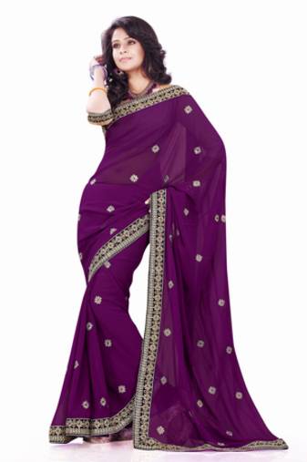 Wine embroidered Faux Georgette saree with blouse