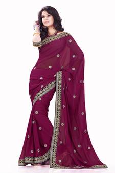 Wine embroidered Faux Georgette saree with blouse