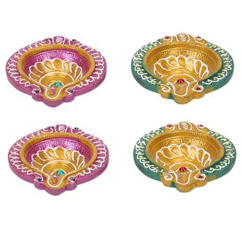 Hnadcrafted Multicolour Terracotta Diyas-Set Of 4 3