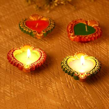 Multicoloured Wax Filled Terracotta Diyas-Set Of 4 1