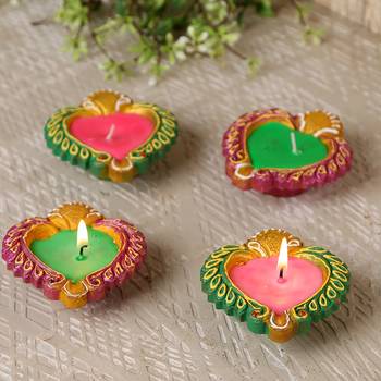 Multicoloured Wax Filled Terracotta Diyas-Set Of 4 2
