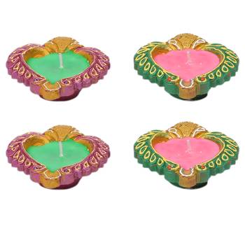 Multicoloured Wax Filled Terracotta Diyas-Set Of 4 3