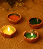 Wax Filled Circular Design Terracotta Diyas-Set Of 4